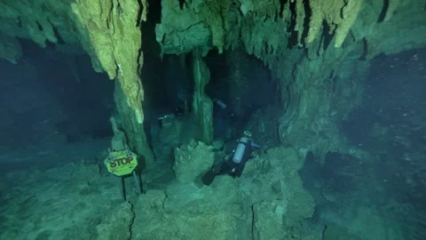 Cave Diver Exploring Limestone Chamber Stock Footage 341360199