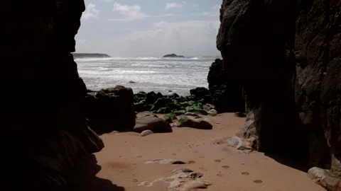 Cave during low tide. Wild Quiberon beach. Stock Footage 335168666