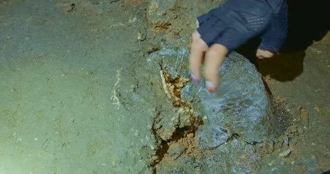 The cave excursion with natural landscape and ancient walls. Holding hand ice Vídeos de archivo 233601325