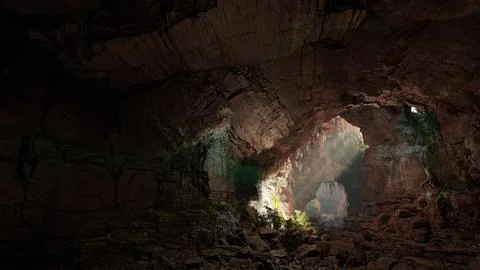 A cave filled with lots of rocks and water Stock Illustration