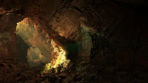 A cave filled with lots of rocks and a bright light Stock Illustration