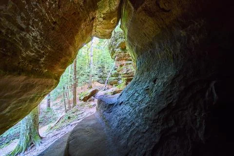 Cave Framed Forest in Fall Hocking Hills Eye Level View Stock Photos