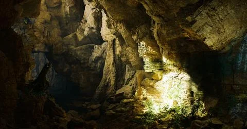 Cave interior lit by natural light showcases ancient rock formations Stock Illustration