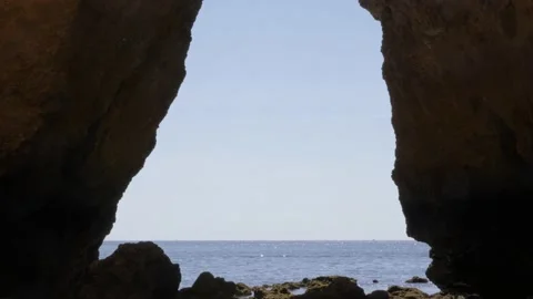 Cave Interior Ocean View Through Rocks Natural Background Stock Footage 155144749
