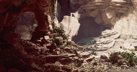 Cave interior with rocky formations and greenery in a dimly lit environment Stock Illustration