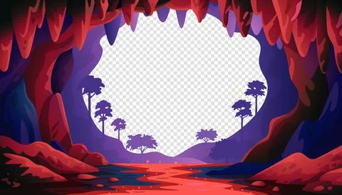 Cave in Jungle vector landscape. Cave landscape with an underground red river Stock Illustration