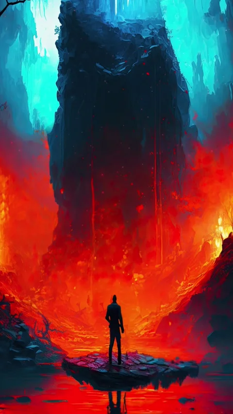 Cave with lava and trees, concept art. Calm and atmospheric background vide.. Video stock 238920847