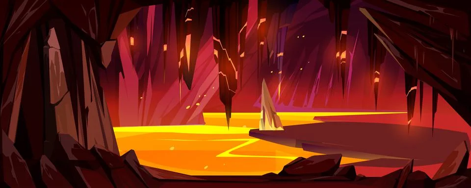 Cave with lava, underground hell landscape, game Stock Illustration
