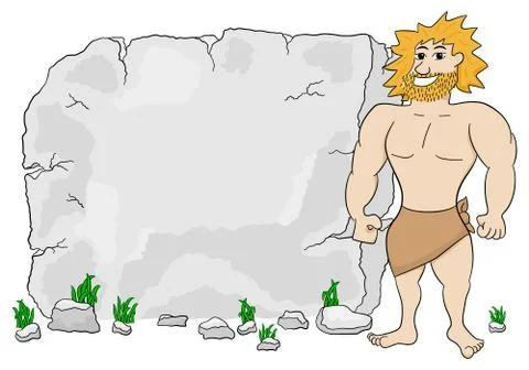 Cave man in front of stone tablet with copy space Illustrazione stock