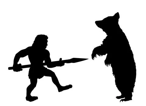 Cave man with spear battle with prance bear silhouette Stock Illustration