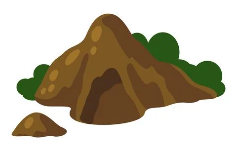 Cave in the mountain flat vector illustration. High stone mountain green bushes Stock Illustration
