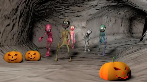 Cave with multi-colored cartoon zombies. 3D rendering Stock Illustration