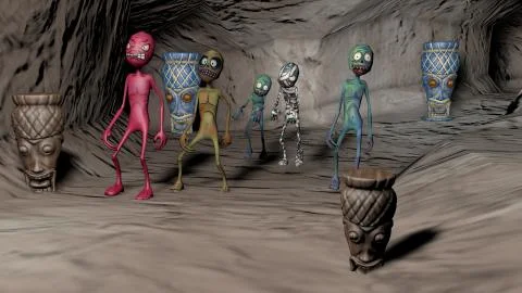 Cave with multi-colored cartoon zombies. 3D rendering 스톡 일러스트