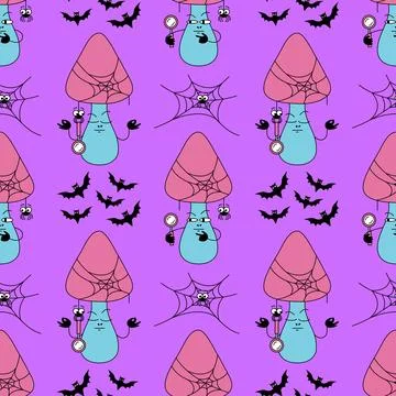 Cave mushroom seamless pattern. Purple background with funguses and spiders.. Stock Illustration