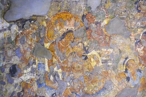 Cave No. 1. Shankapla Jataka, Naga King and Queen.  Ajanta Caves, Aurangaba.. Stock Photos