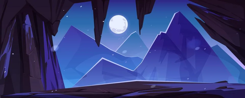 Cave or stone arch with view mountains at night Stock Illustration