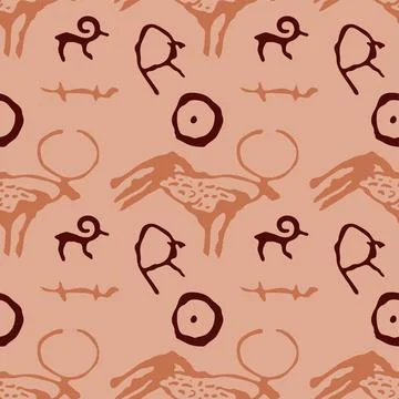 Cave painting seamless pattern with ancient petroglyphs Stock Illustration