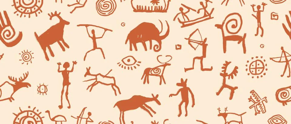 Cave prehistoric art seamless pattern, old naive ancient stone doodle Illustrazione stock