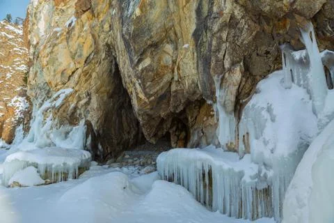 Cave in the rock with icicles Stock-Fotos