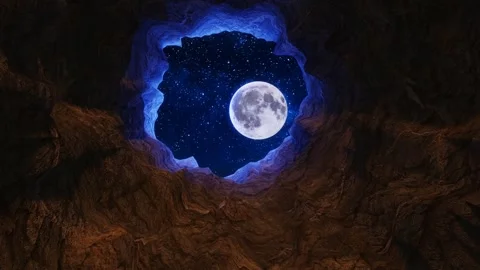 Cave rock tunnel opens up towards the sky full of stars and the full moon Stock Footage 246782854