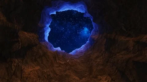 Cave rock tunnel opens up towards the sky full of stars Stock Footage 248952041