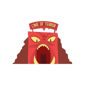 Cave of terror in form of red monster's face with large teeth. Amusement park Illustrazione stock