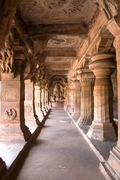Cave three dedicated to Vishnu largest and most elaborate at Badami, Karnat.. Stock Photos