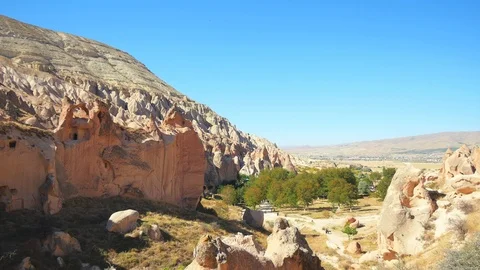 Cave town and rock structures in Zelve Valley, Cappadocia, Turkey Video stock 99726537