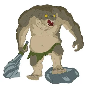 Cave troll with stone thick stick. Stock Illustration