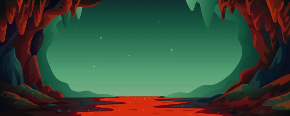 Cave - vector cartoon background. Cavern landscape with an underground lava Illustrazione stock
