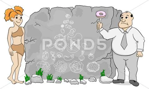 Cave woman explains paleo diet using a food pyramid drawn on stone ...