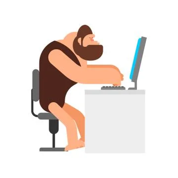 Caveman and computer. Prehistoric man and PC. ancient laptop. 库存插图