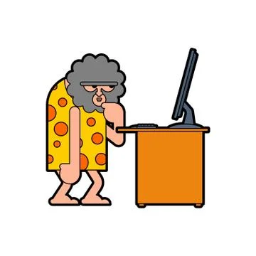 Caveman and computer. Prehistoric man and PC. Ancient man think 스톡 일러스트