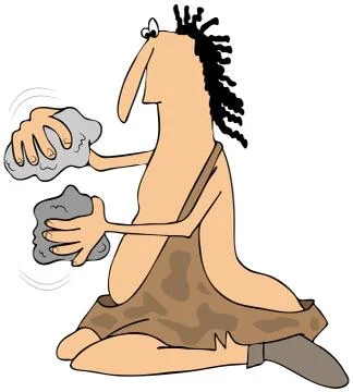Caveman banging two large rocks together. Stock Illustration