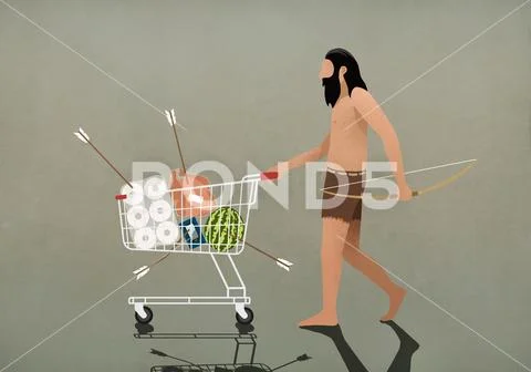 Caveman with bow and arrow pushing shopping cart Stock Illustration