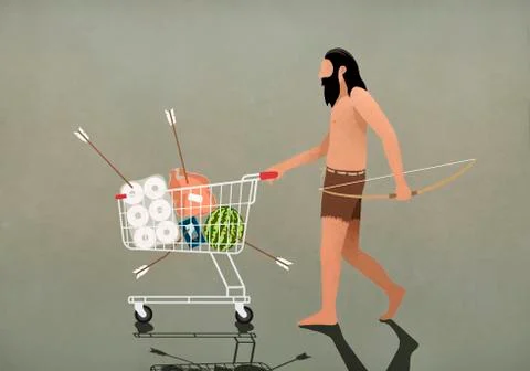Caveman with bow and arrow pushing shopping cart Stock Illustration