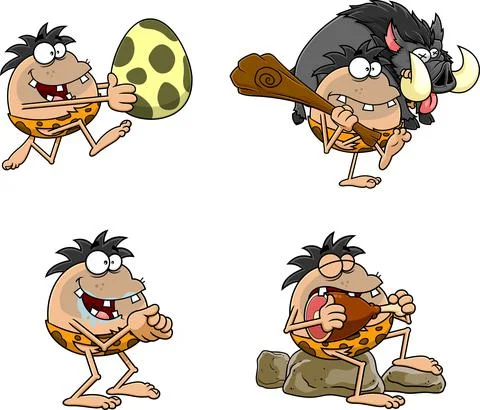 Caveman Cartoon Characters. Vector Hand Drawn Collection Set イラスト素材