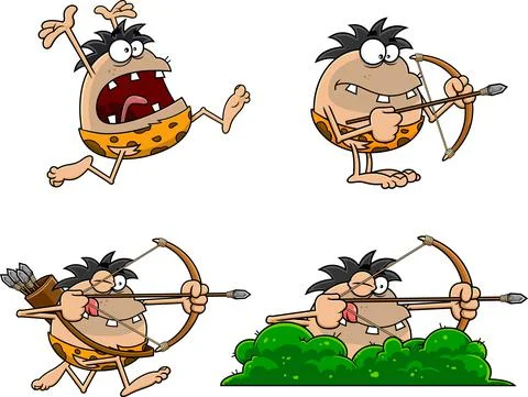 Caveman Cartoon Characters. Vector Hand Drawn Collection Set イラスト素材
