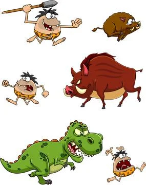 Caveman Cartoon Characters. Vector Hand Drawn Collection Set Stock Illustration