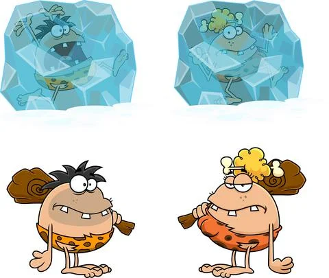Caveman Cartoon Characters. Vector Hand Drawn Collection Set Illustrazione stock