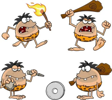 Caveman Cartoon Characters. Vector Hand Drawn Collection Set Stock Illustration