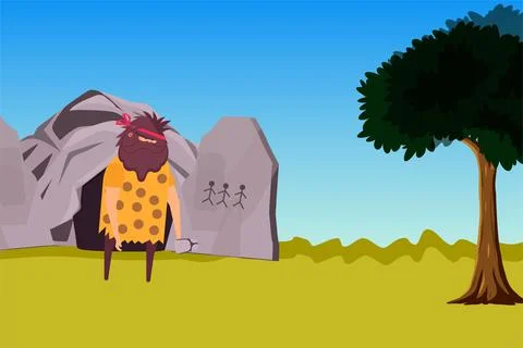 Caveman drawing on a stonewall flat character vector design. Prehistoric Man  Stock Illustration
