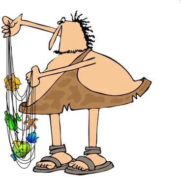 Caveman with fish in his net Stock Illustration