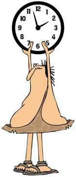 Caveman holding a large clock Illustrazione stock