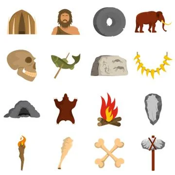 Caveman icons set flat Stock Illustration