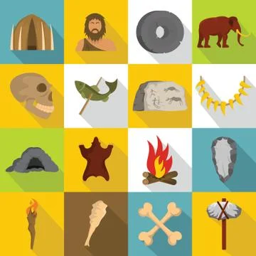 Caveman icons set, flat style Stock Illustration