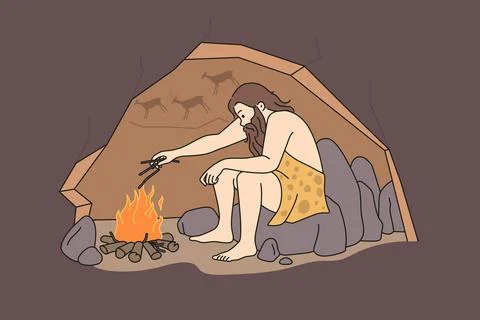 Caveman making fire in cave Illustrazione stock