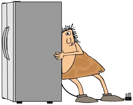 Caveman moving a refrigerator Illustrazione stock