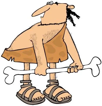Caveman picking up a giant bone Stock Illustration