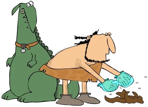 Caveman picking up pet poo Stock Illustration